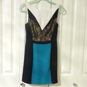 BEBE black, white and blue colour block dress with lace accent